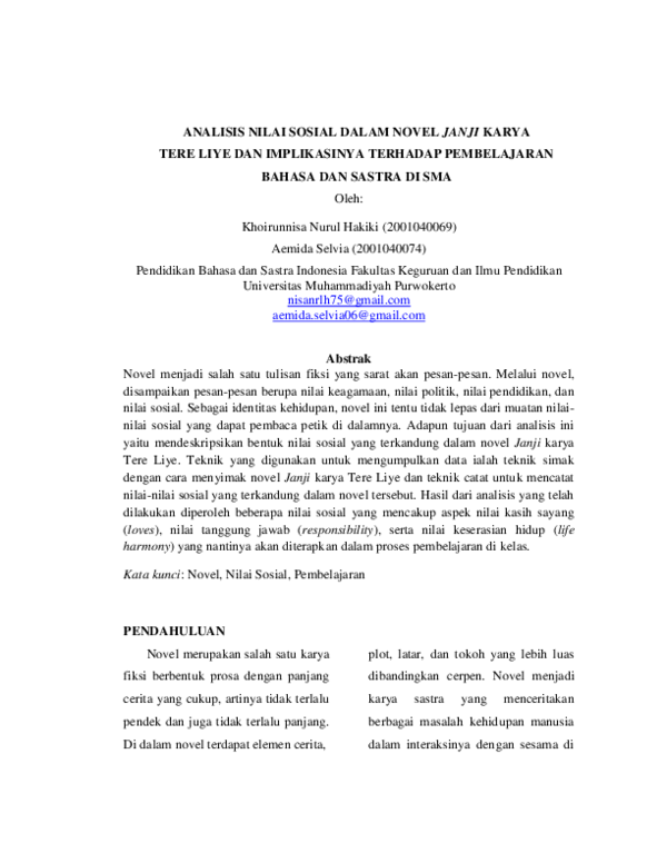 (PDF) ANALISIS NILAI SOSIAL DALAM NOVEL JANJI KARYA TERE LIYE DAN