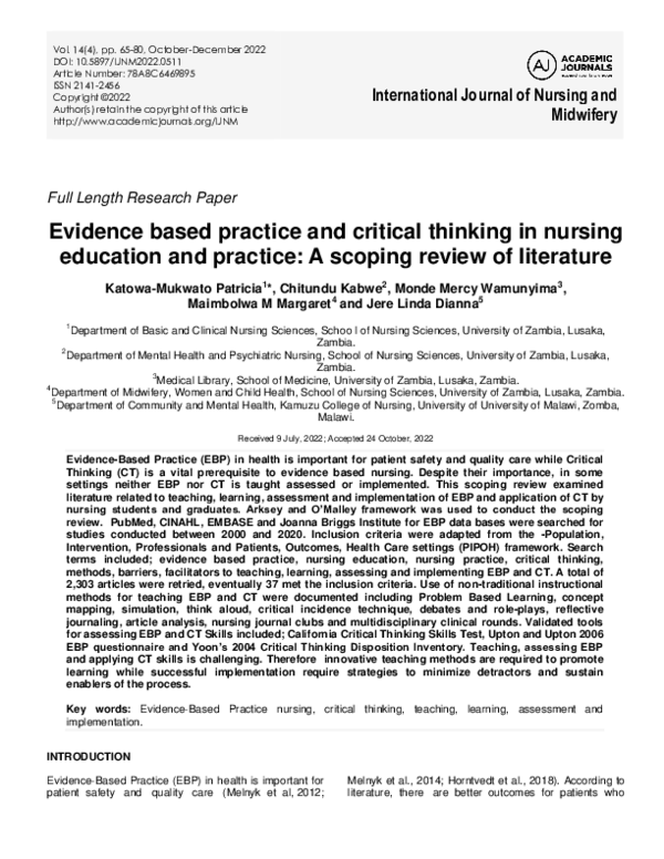 (PDF) Evidence based practice and critical thinking in nursing ...