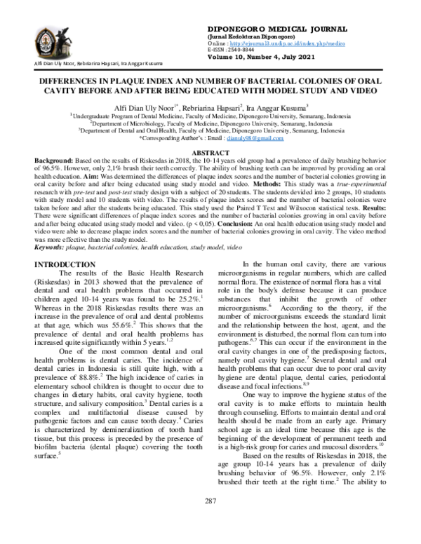 (PDF) Differences in Plaque Index and Number of Bacterial Colonies of ...