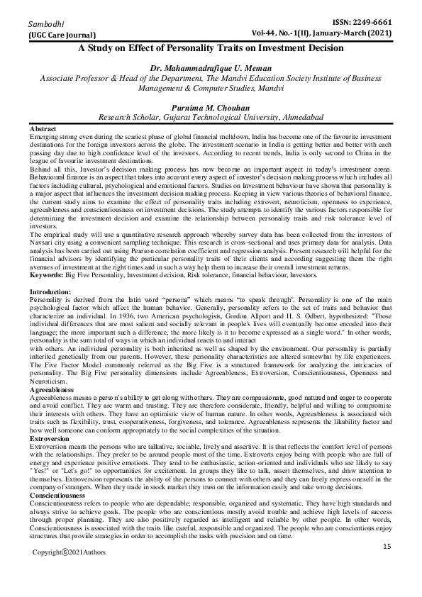 (PDF) A Study on Effect of Personality Traits on Investment Decision