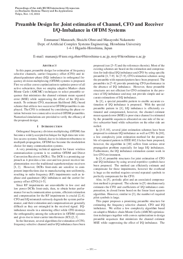 (PDF) Preamble Design for Joint estimation of Channel, CFO and Receiver ...
