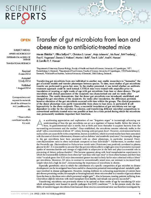 (PDF) Transfer of gut microbiota from lean and obese mice to antibiotic ...