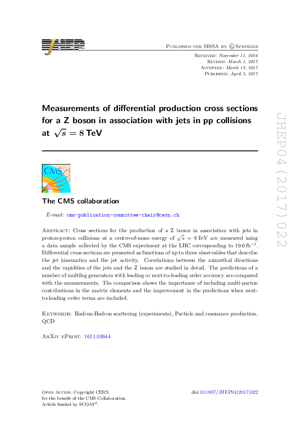(PDF) Measurements of differential production cross sections for a Z ...