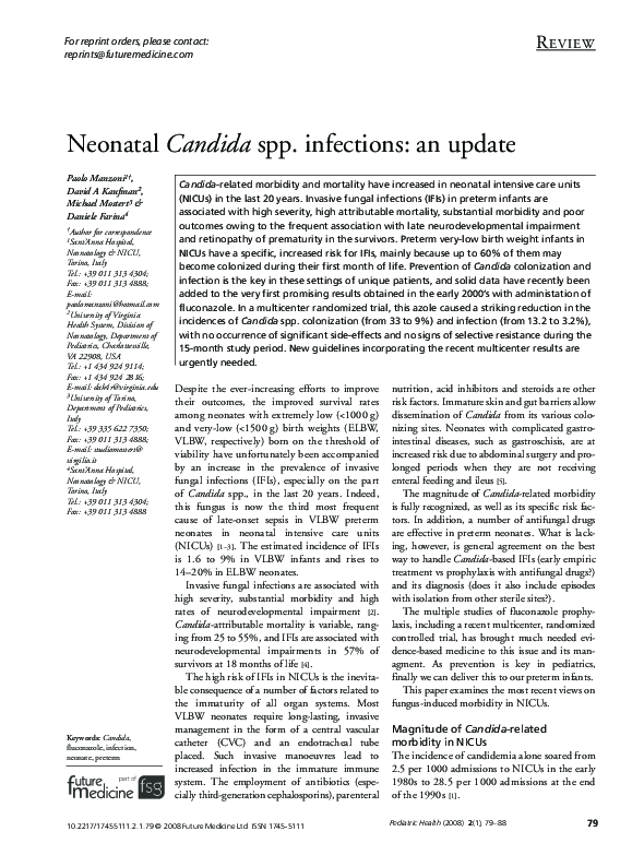 (PDF) Neonatal Candida spp. infections: an update | Daniele Farina