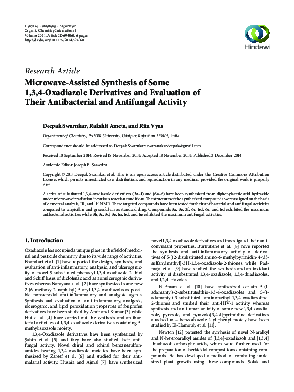 (PDF) Microwave-Assisted Synthesis of Some 1,3,4-Oxadiazole Derivatives ...