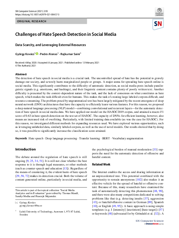 (PDF) Challenges of Hate Speech Detection in Social Media