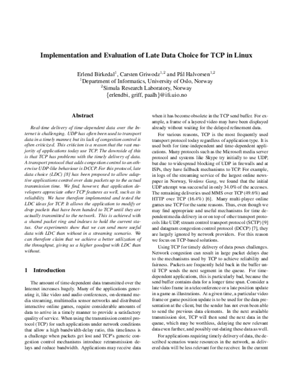 (PDF) Implementation and Evaluation of Late Data Choice for TCP in Linux