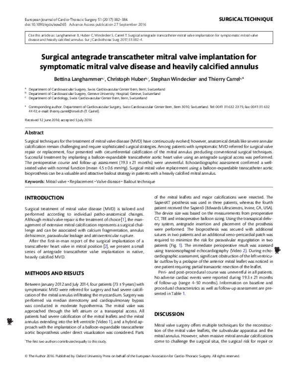 (PDF) Surgical antegrade transcatheter mitral valve implantation for ...