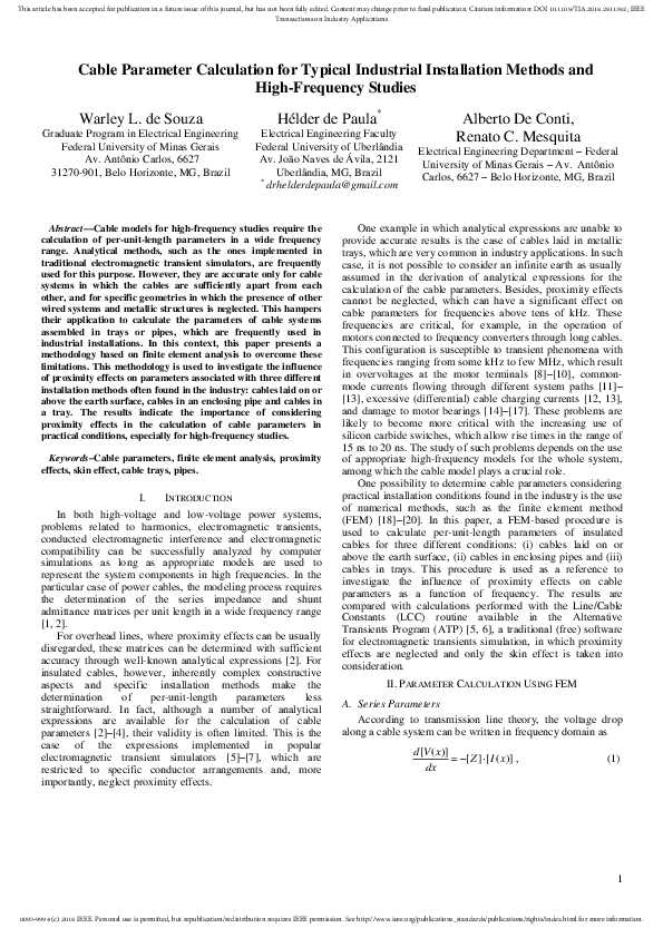 (PDF) Cable Parameter Calculation for Typical Industrial Installation ...