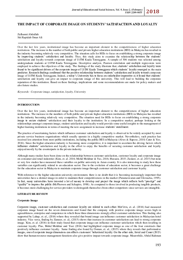 (PDF) The impact of corporate image on students' satisfaction and loyalty