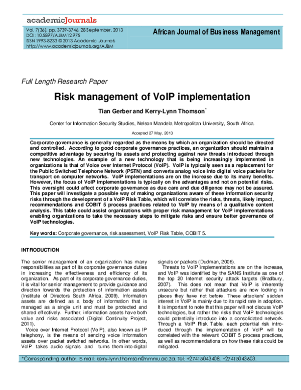 (PDF) Risk management of VoIP implementation