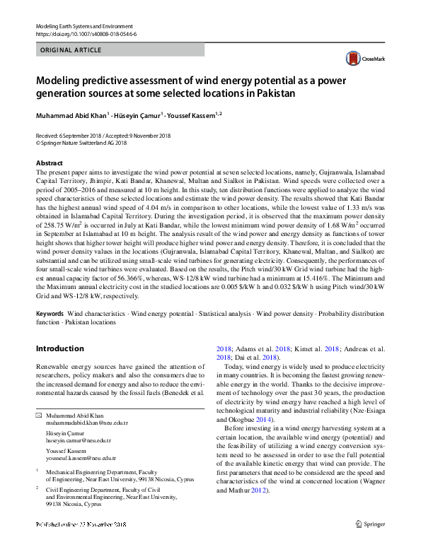 Modeling predictive assessment of wind energy potential as a power generation sources at some selected locations in Pakistan