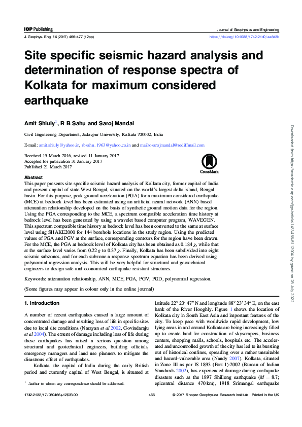 (PDF) Site specific seismic hazard analysis and determination of ...