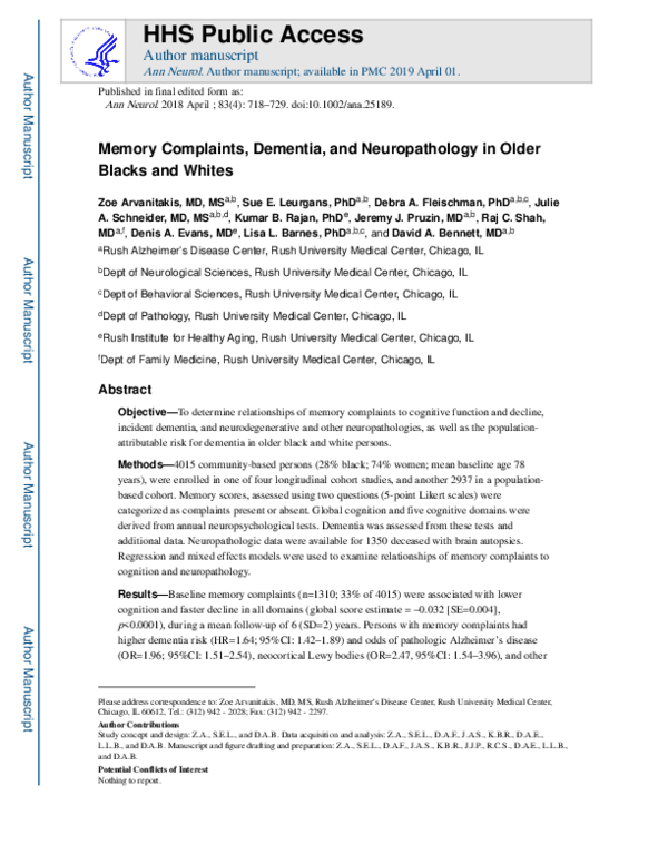 (PDF) Memory Complaints, Dementia, and Neuropathology in Older Blacks ...
