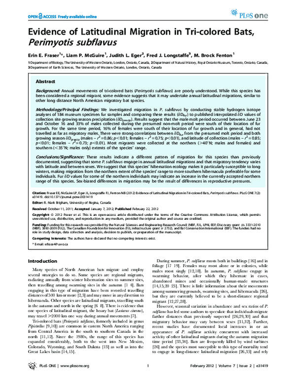 (PDF) Evidence of Latitudinal Migration in Tri-colored Bats, Perimyotis ...
