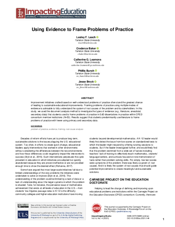 (PDF) Using Evidence to Frame Problems of Practice