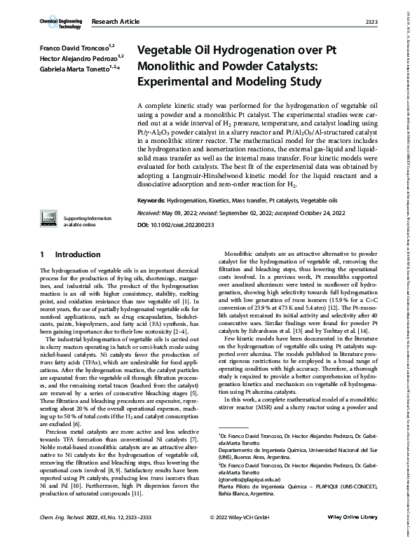 (PDF) Vegetable Oil Hydrogenation over Pt Monolithic and Powder