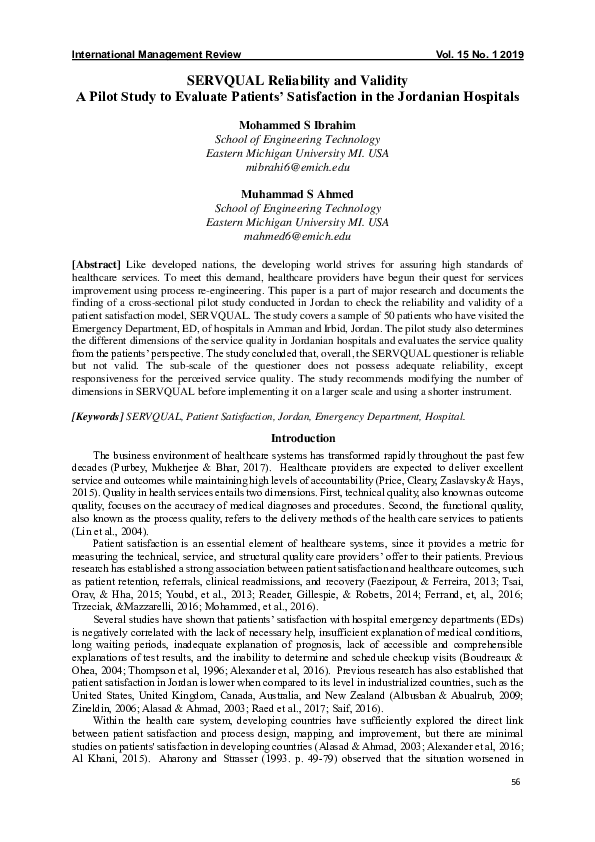 (PDF) SERVQUAL Reliability and Validity: A Pilot Study to Evaluate ...