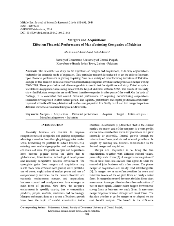 (PDF) Mergers and Acquisitions: Effect on Financial Performance of ...