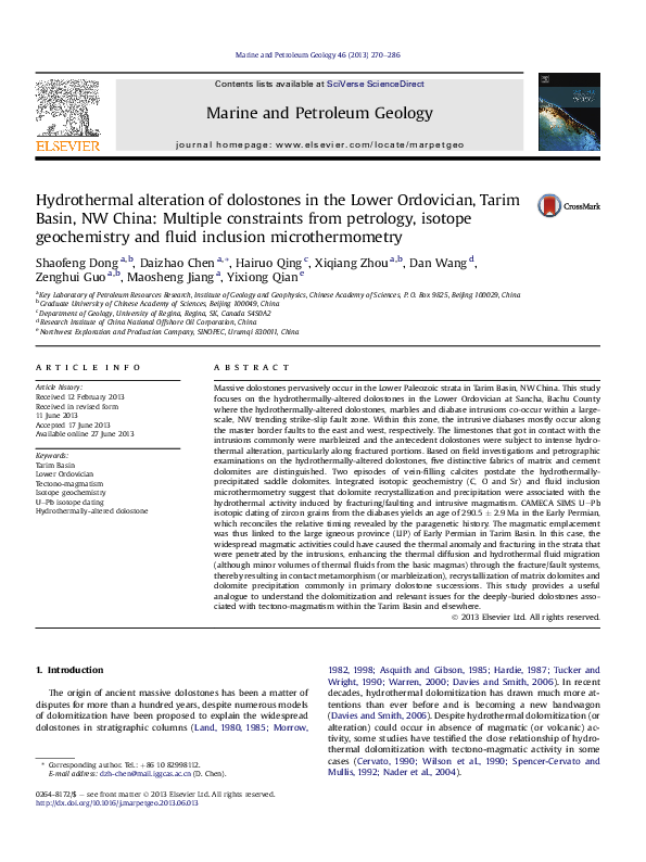 (PDF) Hydrothermal alteration of dolostones in the Lower Ordovician ...