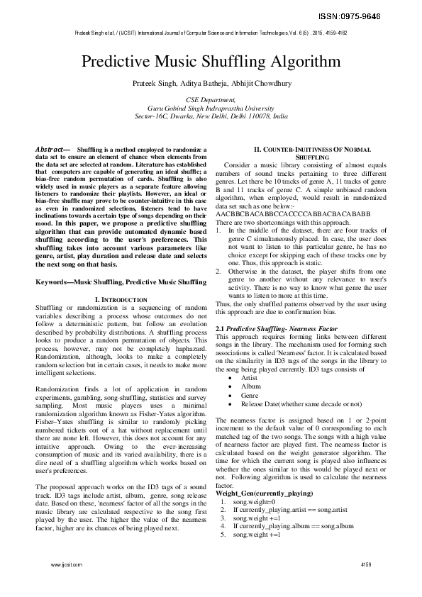 (PDF) Predictive Music Shuffling Algorithm