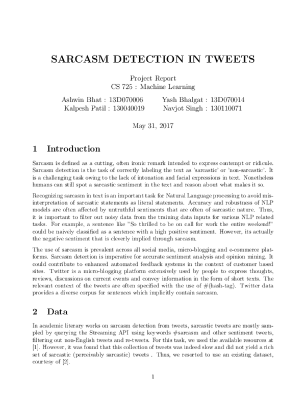 (PDF) Sarcasm Detection in Tweets