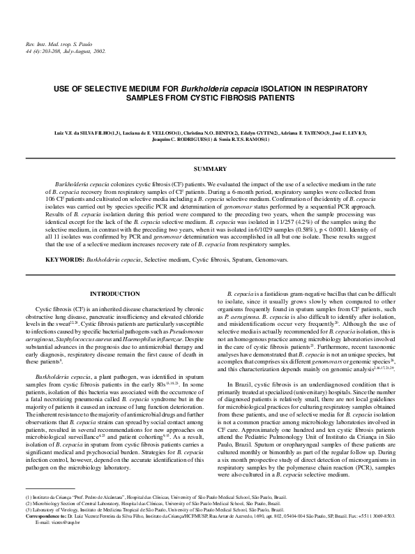 (PDF) Use of selective medium for Burkholderia cepacia isolation in ...