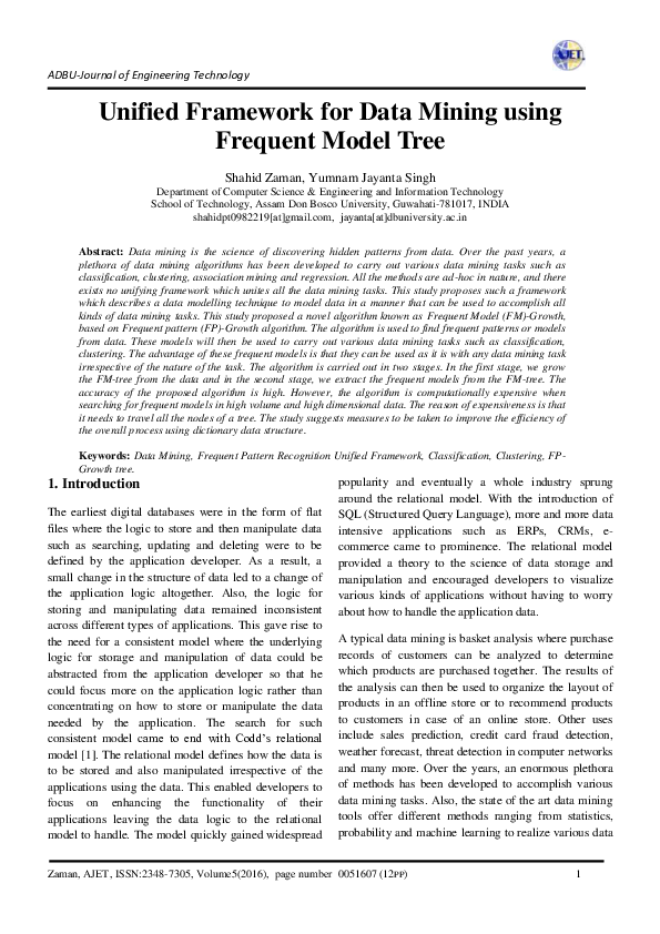 (PDF) Unified Framework for Data Mining using Frequent Model Tree