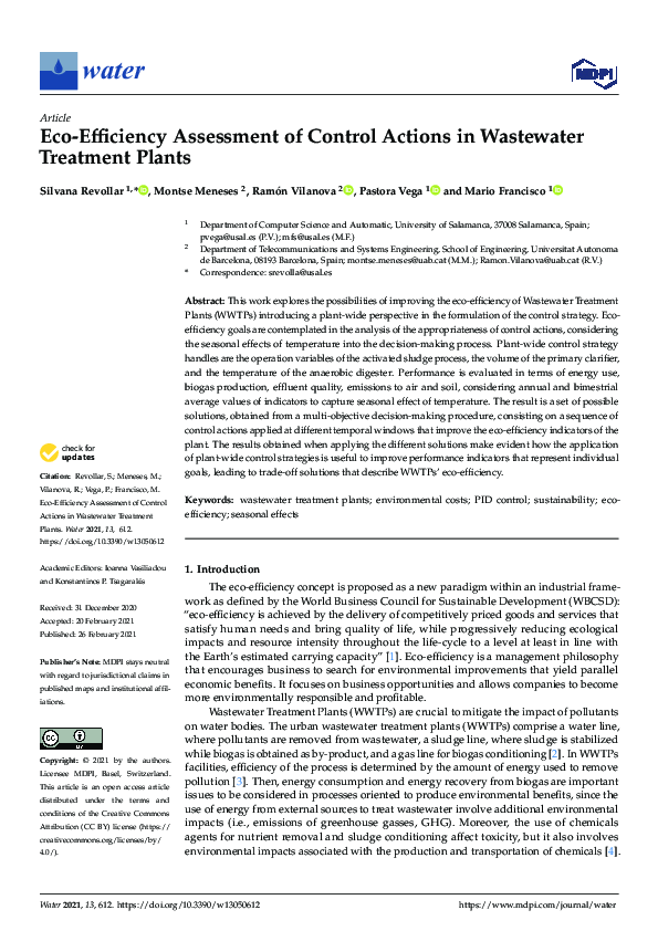 (PDF) Eco-Efficiency Assessment of Control Actions in Wastewater ...