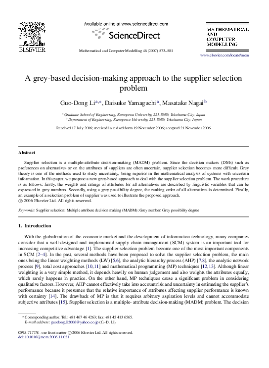 (PDF) A grey-based decision-making approach to the supplier selection ...