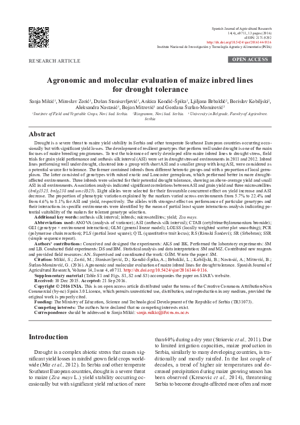 (PDF) Agronomic and molecular evaluation of maize inbred lines for ...