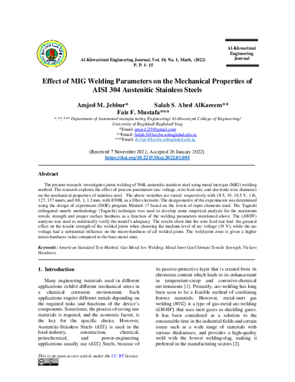 (PDF) Effect of MIG Welding Parameters on the Mechanical Properties of ...
