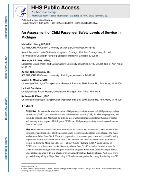 (PDF) An assessment of child passenger safety levels of service in Michigan