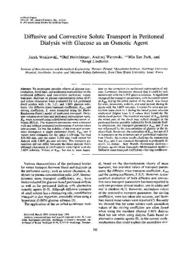 (PDF) Diffusive and Convective Solute Transport in Peritoneal Dialysis ...