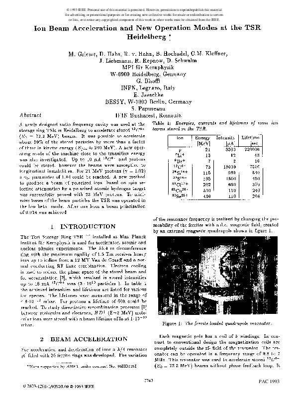 (PDF) Ion beam acceleration and new operation modes at the TSR Heidelberg