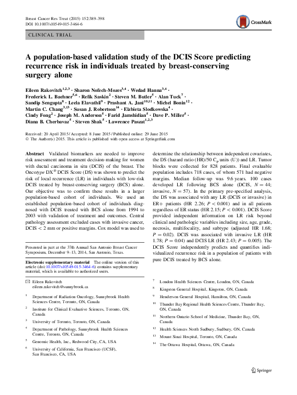 (PDF) A population-based validation study of the DCIS Score predicting ...