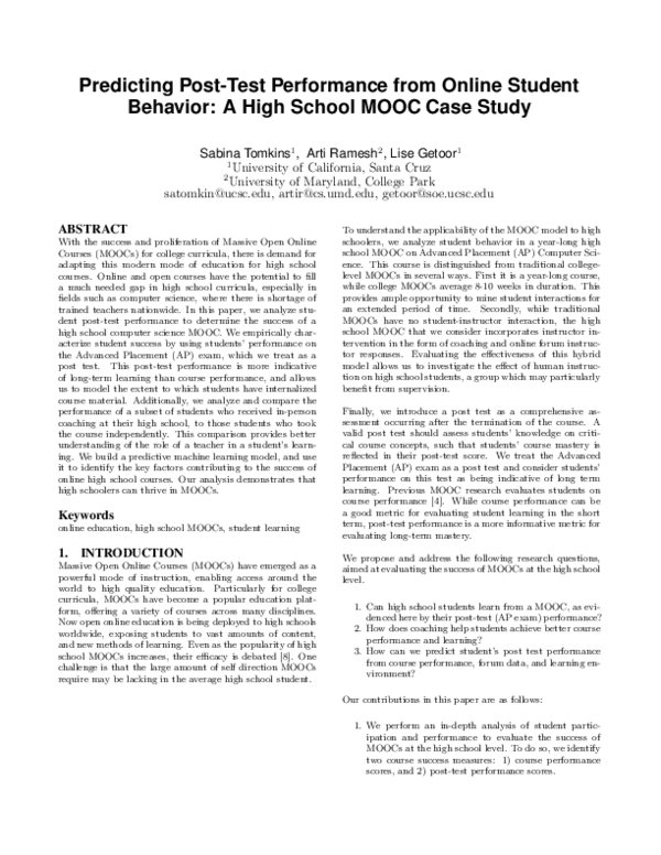 (PDF) Predicting Post-Test Performance from Online Student Behavior: A ...