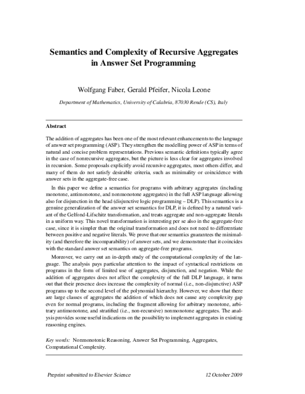 (PDF) Semantics and complexity of recursive aggregates in answer set ...