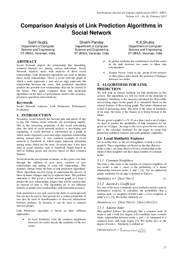 (PDF) Comparison Analysis of Link Prediction Algorithms in Social Network