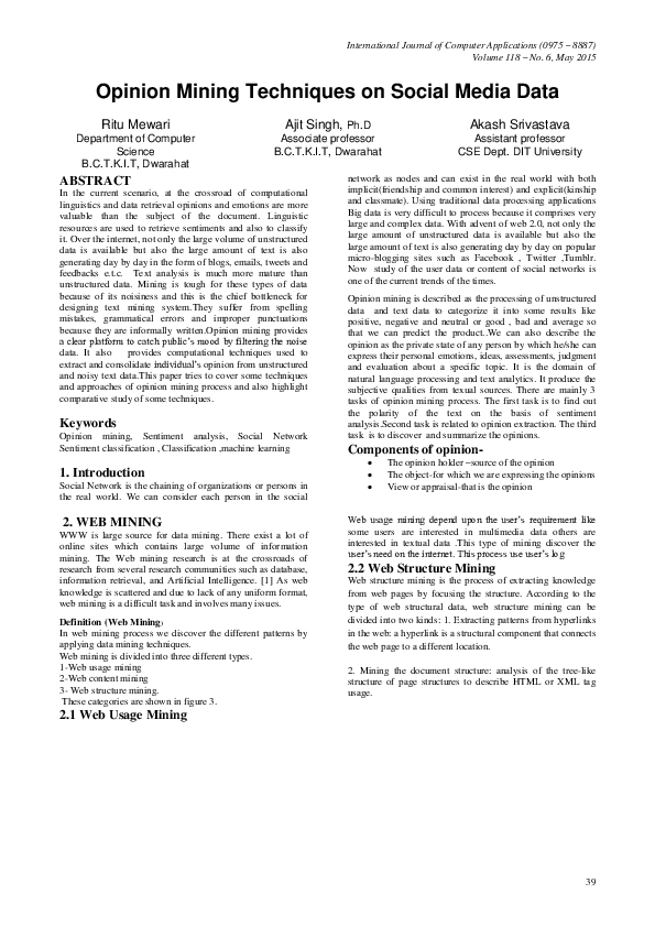 (PDF) Opinion Mining Techniques on Social Media Data