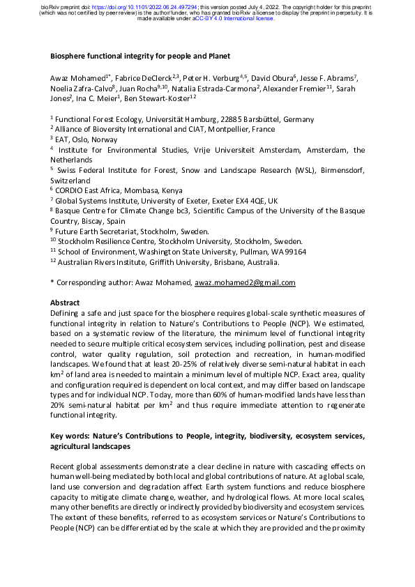 (PDF) Biosphere functional integrity for people and Planet