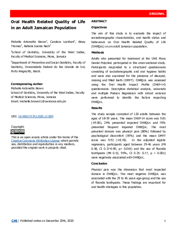 (PDF) Oral Health Related Quality of Life in an Adult Jamaican Population