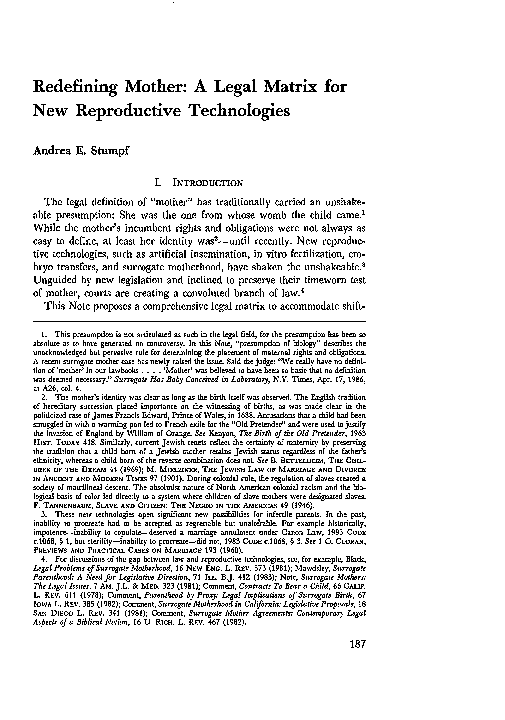 (PDF) Redefining Mother: A Legal Matrix for New Reproductive Technologies