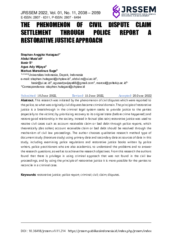 (PDF) The Phenomenon of Civil Dispute Claim Settlement Through Police ...