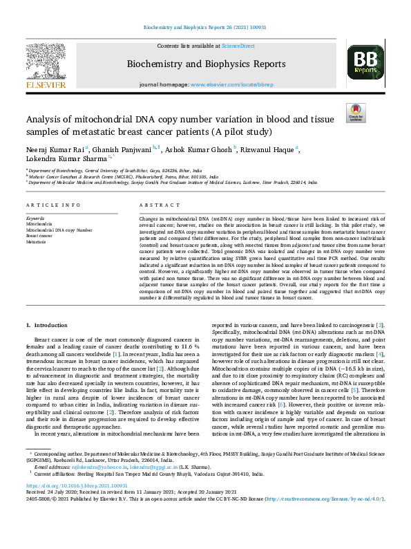 (PDF) Analysis of mitochondrial DNA copy number variation in blood and ...