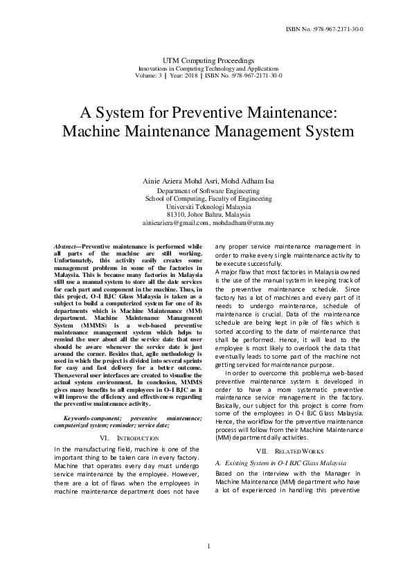 (PDF) A system for preventive maintenance machine maintenance
