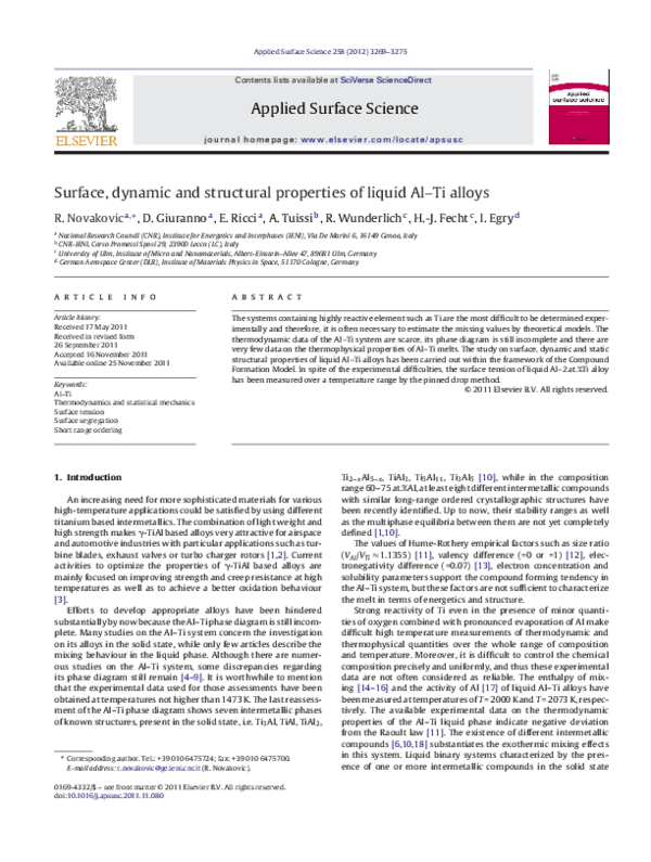 (PDF) Surface, dynamic and structural properties of liquid Al–Ti alloys