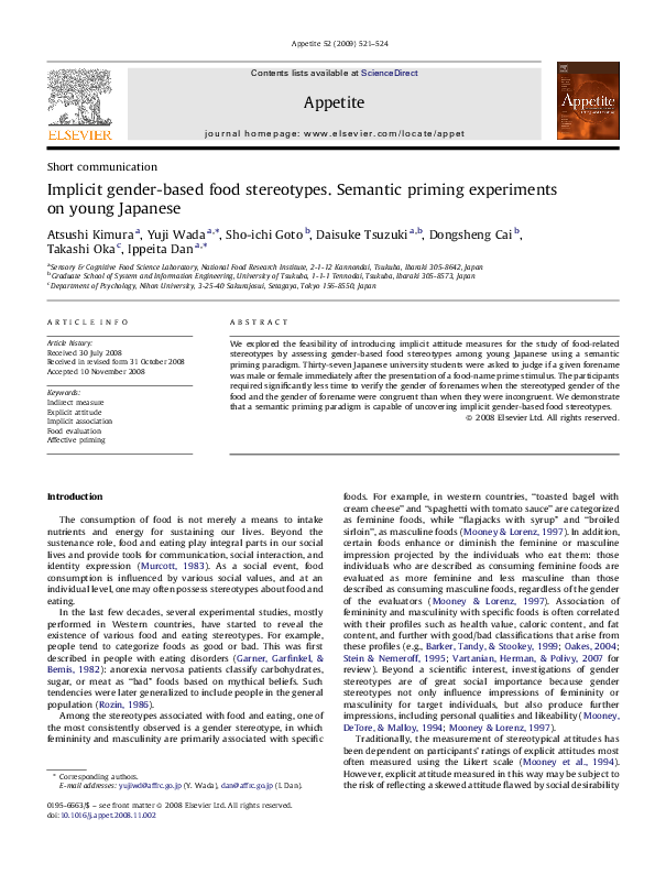 (PDF) Implicit gender-based food stereotypes. Semantic priming ...