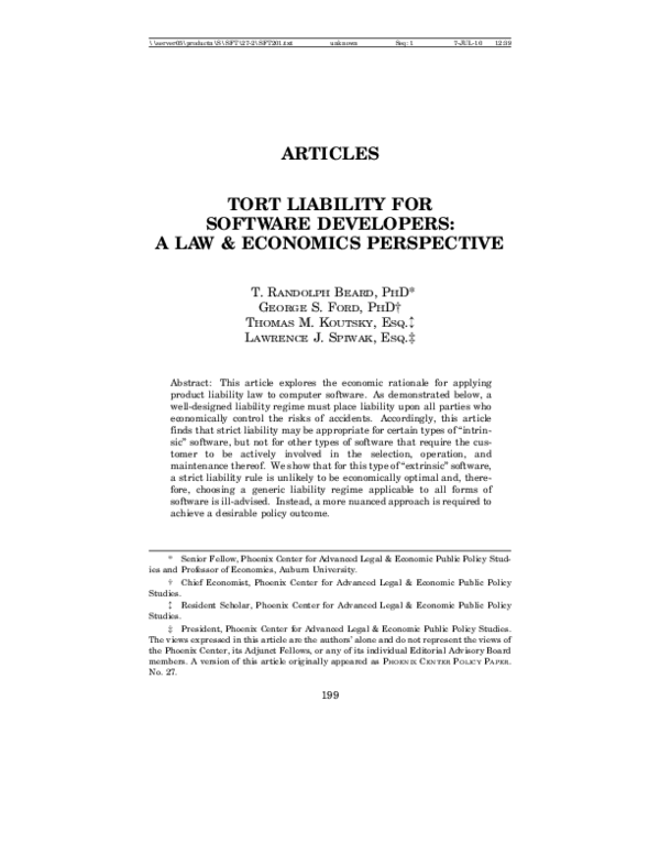 (PDF) Tort Liability for Software Developers: A Law & Economics Perspective
