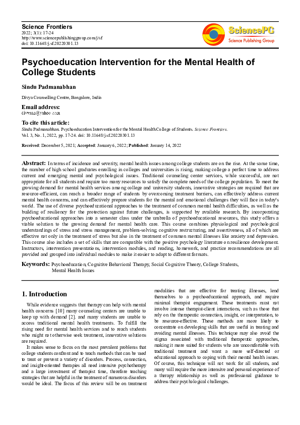 (PDF) Psychoeducation Intervention for the Mental Health of College ...